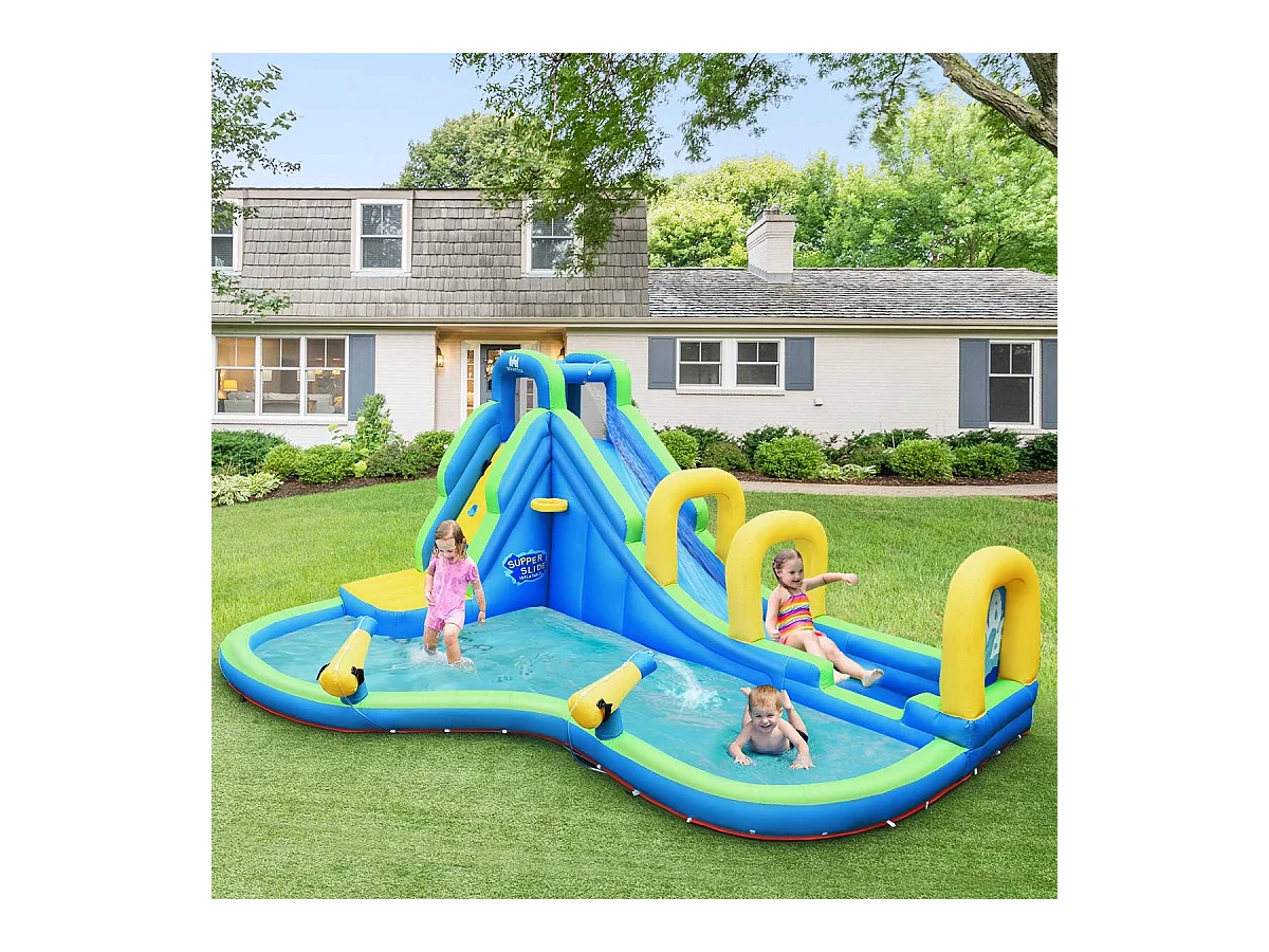 Springkasteel, waterglijbaan, opblaasbaar, waterspeelcentrum met glijbaan, opblaasbaar, kinderbadje, 478 x 366 x 242 cm AB92175