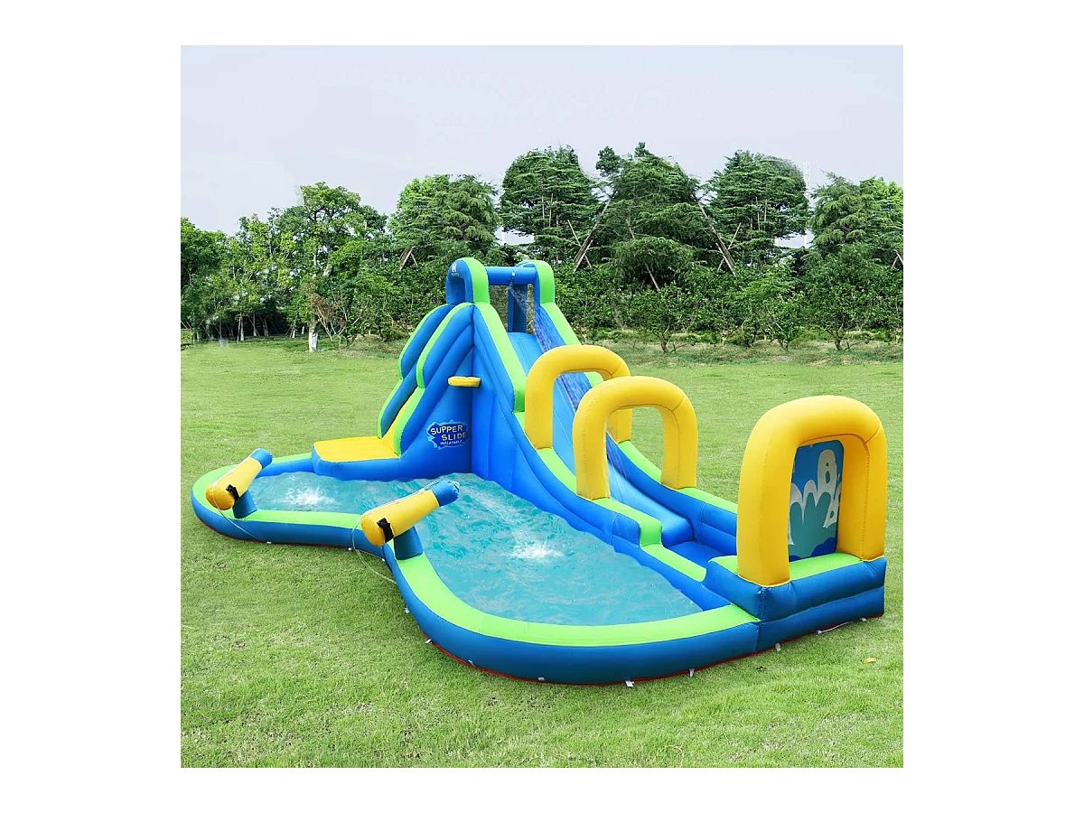 Springkasteel, waterglijbaan, opblaasbaar, waterspeelcentrum met glijbaan, opblaasbaar, kinderbadje, 478 x 366 x 242 cm AB92175