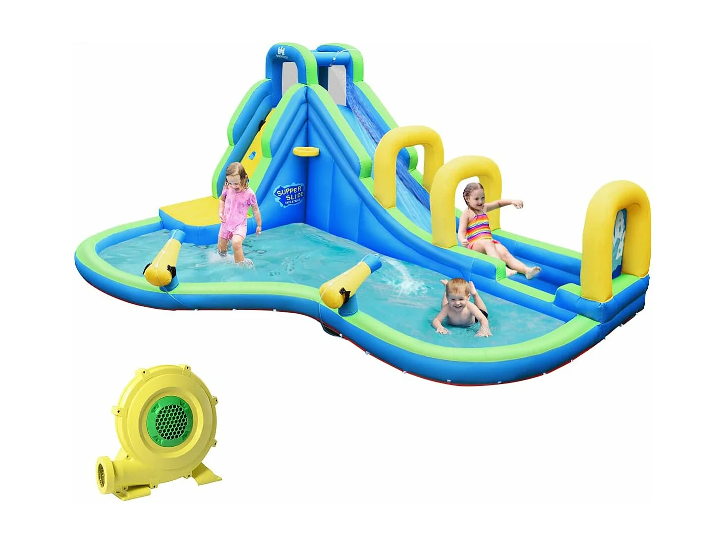 Springkasteel, waterglijbaan, opblaasbaar, waterspeelcentrum met glijbaan, opblaasbaar, kinderbadje, 478 x 366 x 242 cm AB92175