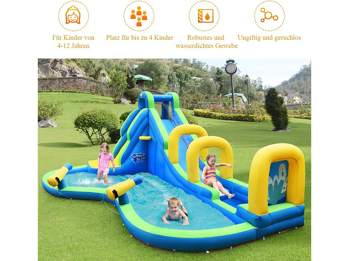 Springkasteel, waterglijbaan, opblaasbaar, waterspeelcentrum met glijbaan, opblaasbaar, kinderbadje, 478 x 366 x 242 cm AB92175