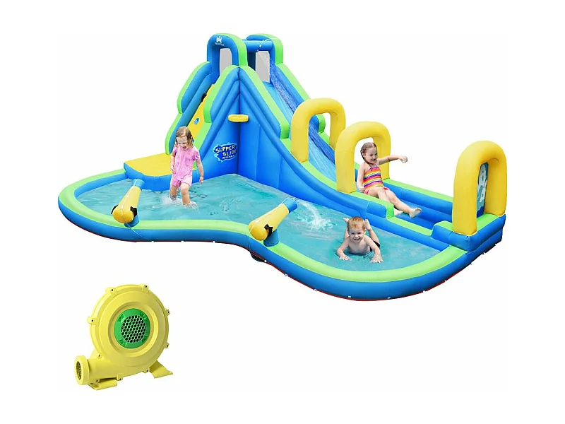 Springkasteel, waterglijbaan, opblaasbaar, waterspeelcentrum met glijbaan, opblaasbaar, kinderbadje, 478 x 366 x 242 cm AB92175