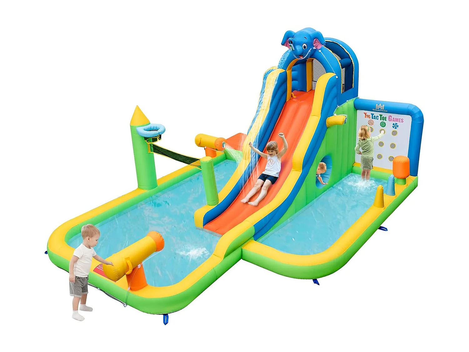 Springkasteel met droog-/waterglijbaan,kinderbadje, waterkanon, ringwerpspel, volleybalveld, Bouncy Castle voor kinderen, 469 x 378 x 250 cm