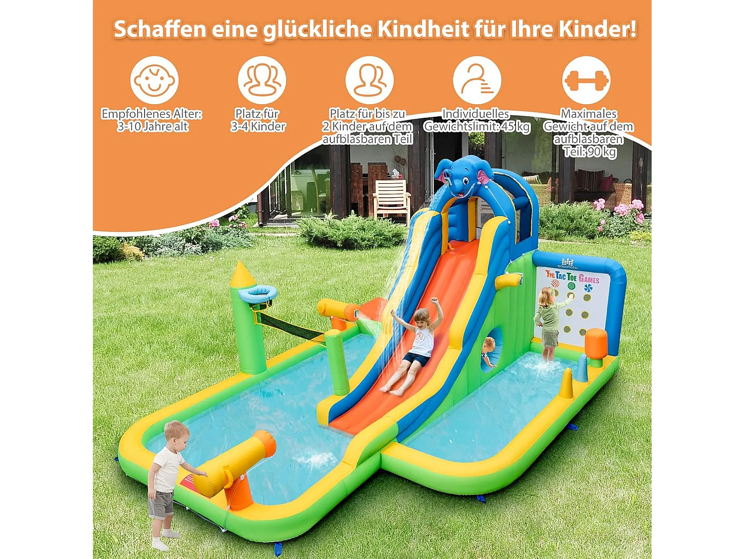 Springkasteel met droog-/waterglijbaan,kinderbadje, waterkanon, ringwerpspel, volleybalveld, Bouncy Castle voor kinderen, 469 x 378 x 250 cm