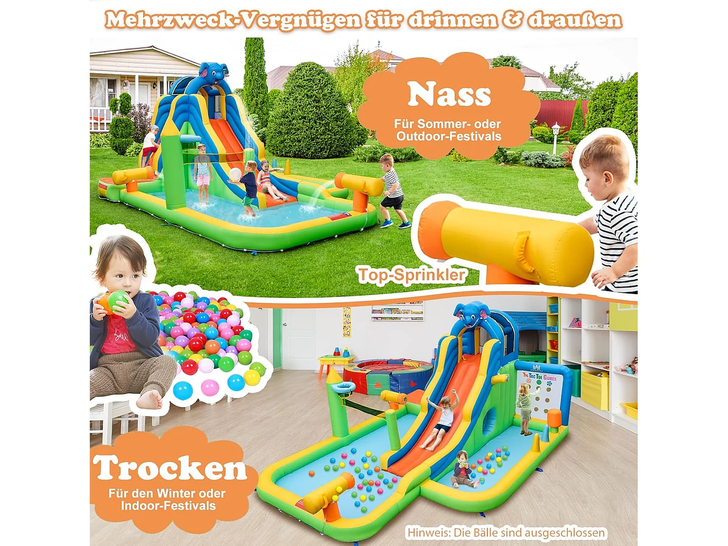 Springkasteel met droog-/waterglijbaan,kinderbadje, waterkanon, ringwerpspel, volleybalveld, Bouncy Castle voor kinderen, 469 x 378 x 250 cm