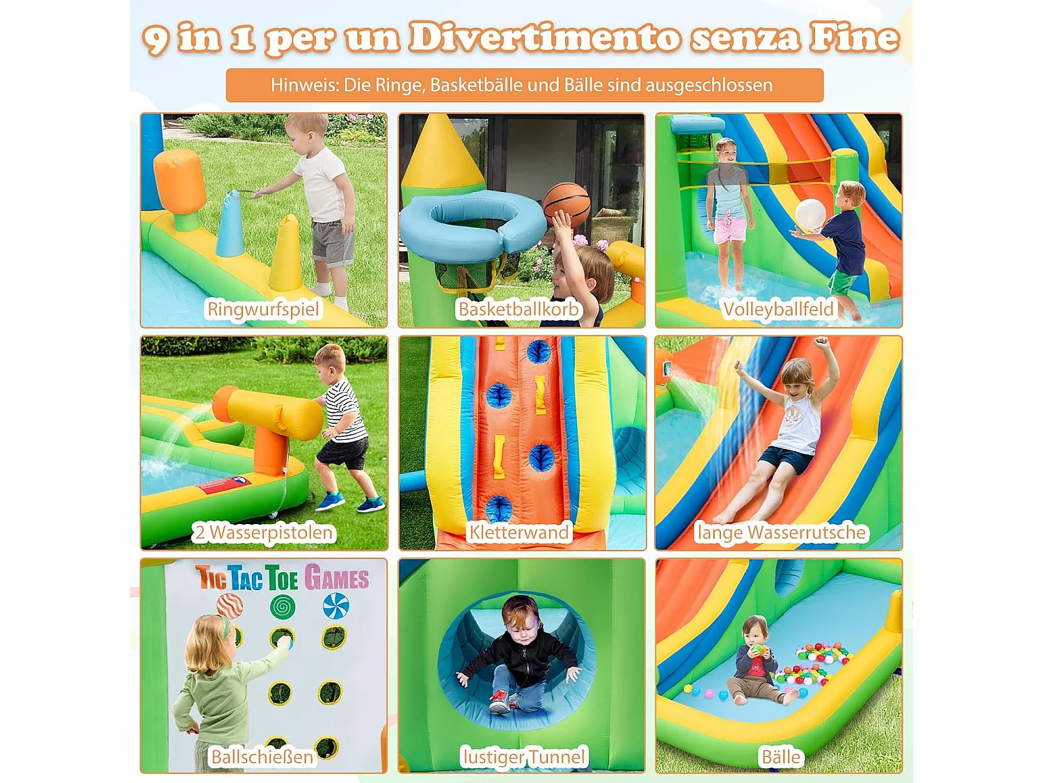 Springkasteel met droog-/waterglijbaan,kinderbadje, waterkanon, ringwerpspel, volleybalveld, Bouncy Castle voor kinderen, 469 x 378 x 250 cm