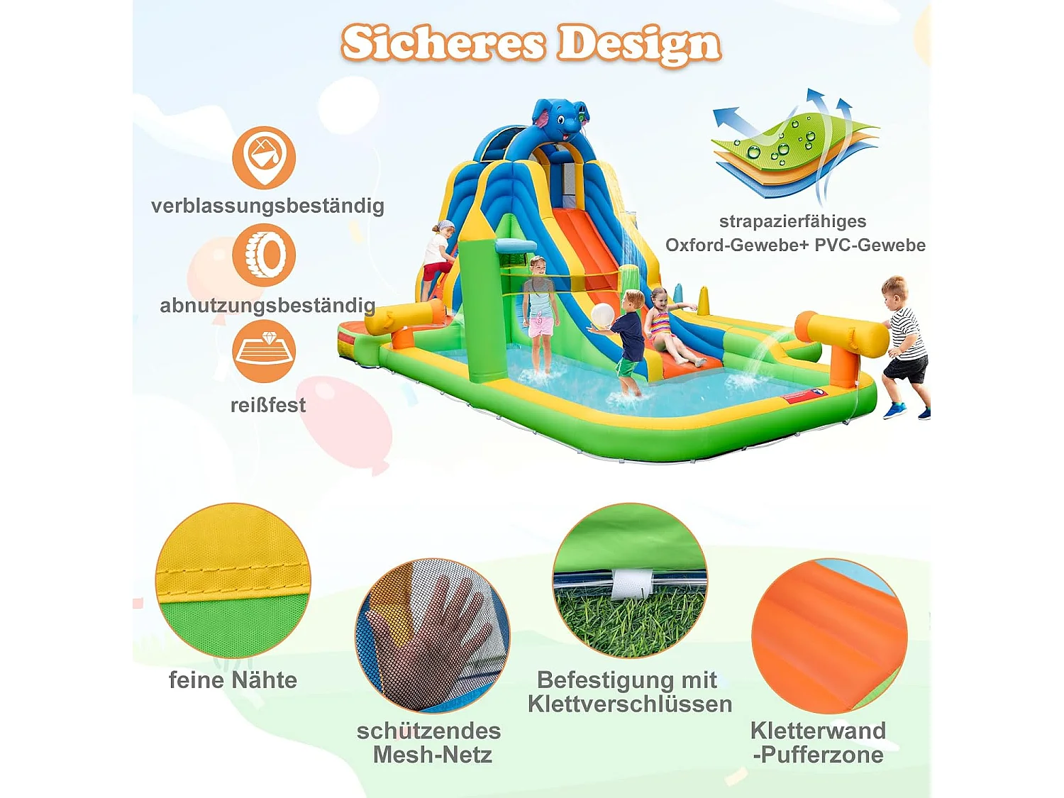 Springkasteel met droog-/waterglijbaan,kinderbadje, waterkanon, ringwerpspel, volleybalveld, Bouncy Castle voor kinderen, 469 x 378 x 250 cm