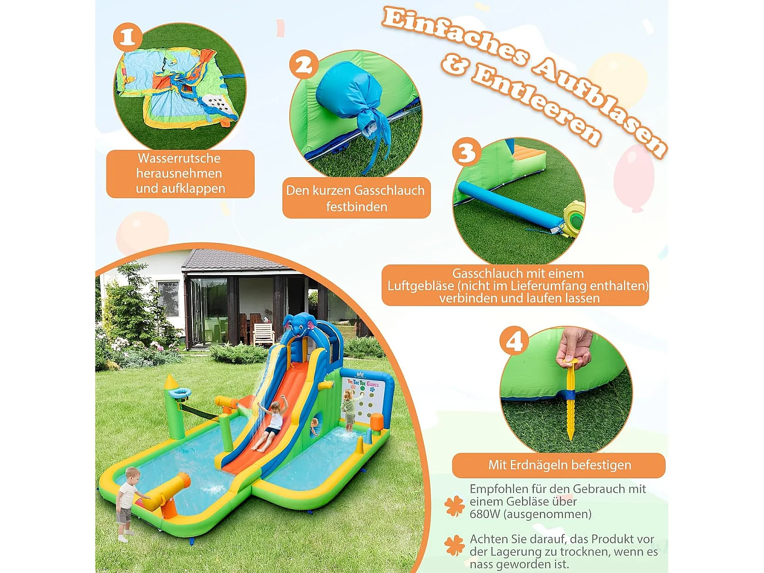 Springkasteel met droog-/waterglijbaan,kinderbadje, waterkanon, ringwerpspel, volleybalveld, Bouncy Castle voor kinderen, 469 x 378 x 250 cm