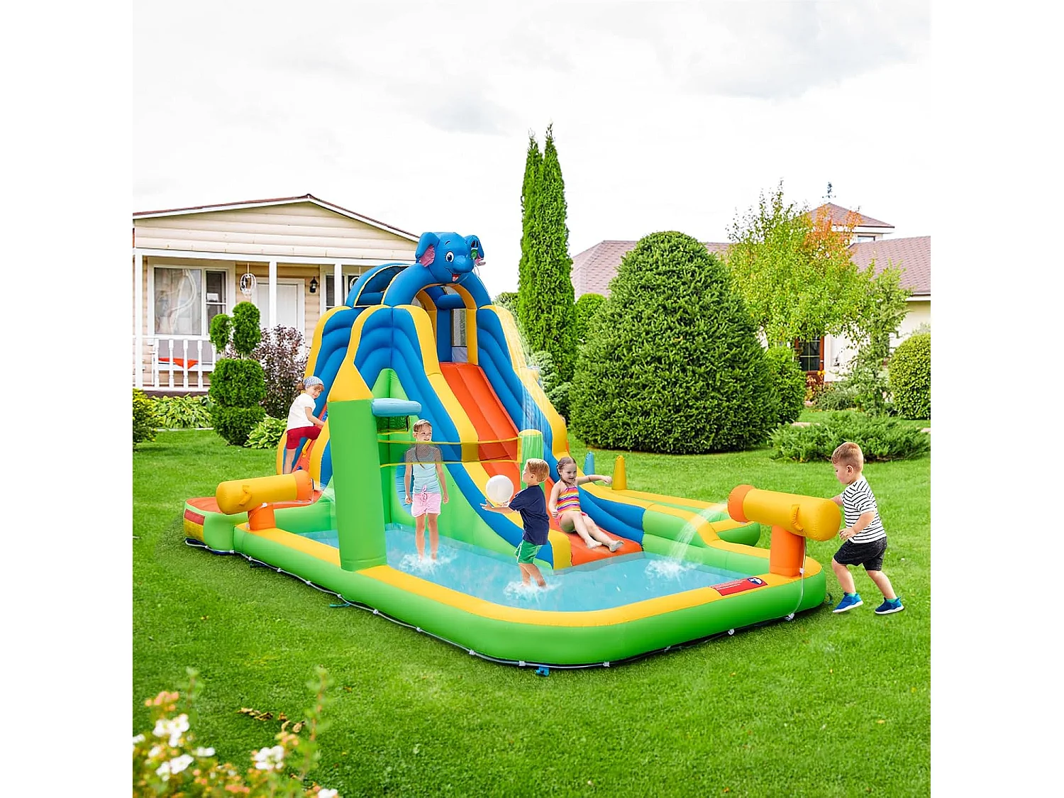 Springkasteel met droog-/waterglijbaan,kinderbadje, waterkanon, ringwerpspel, volleybalveld, Bouncy Castle voor kinderen, 469 x 378 x 250 cm