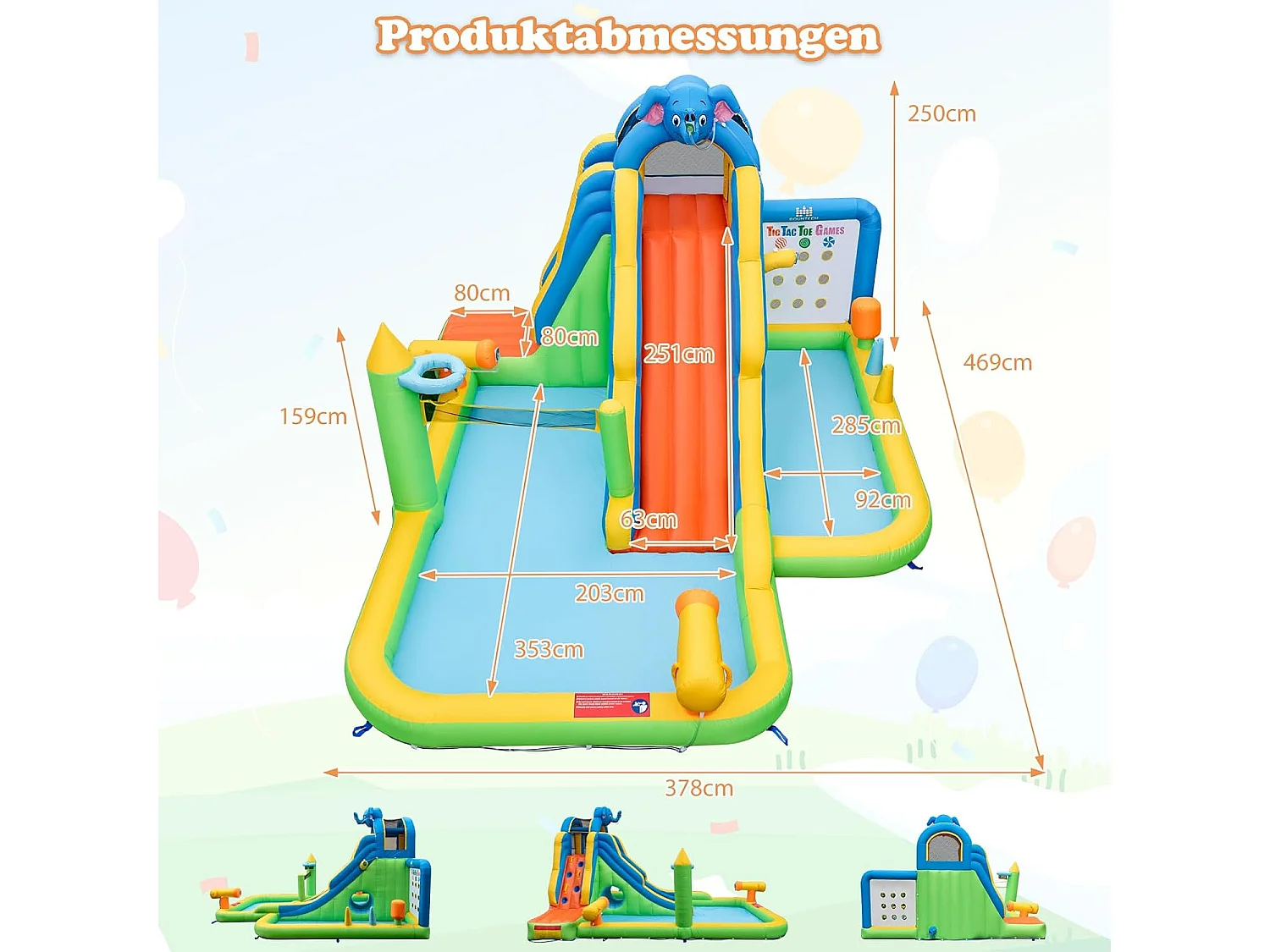 Springkasteel met droog-/waterglijbaan,kinderbadje, waterkanon, ringwerpspel, volleybalveld, Bouncy Castle voor kinderen, 469 x 378 x 250 cm