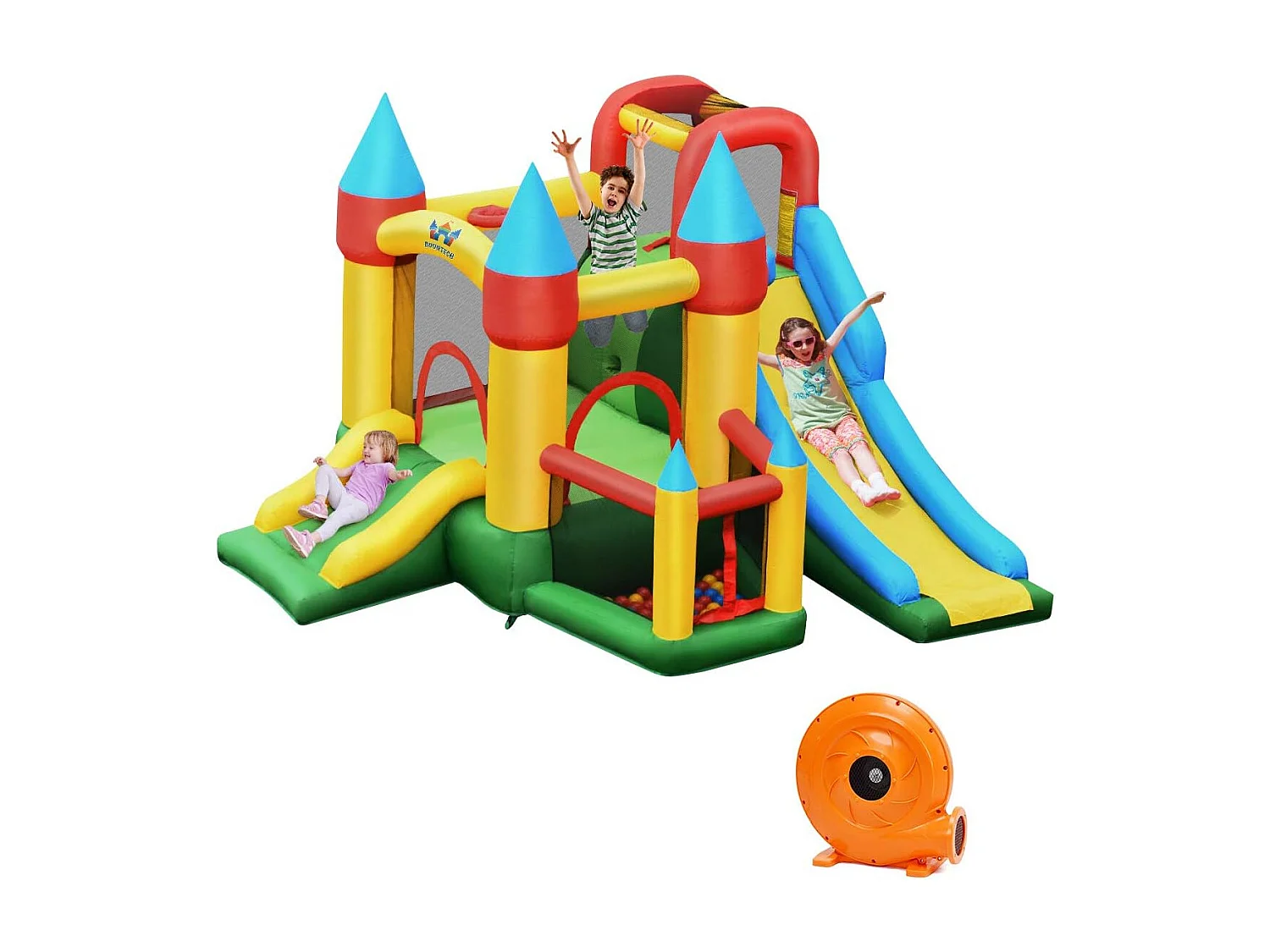 Opblaasbaar springkasteel met 610 W luchtblazer 2 glijbaan springkasteel outdoor bouncer speelkasteel, 330x300x210cmAB92560