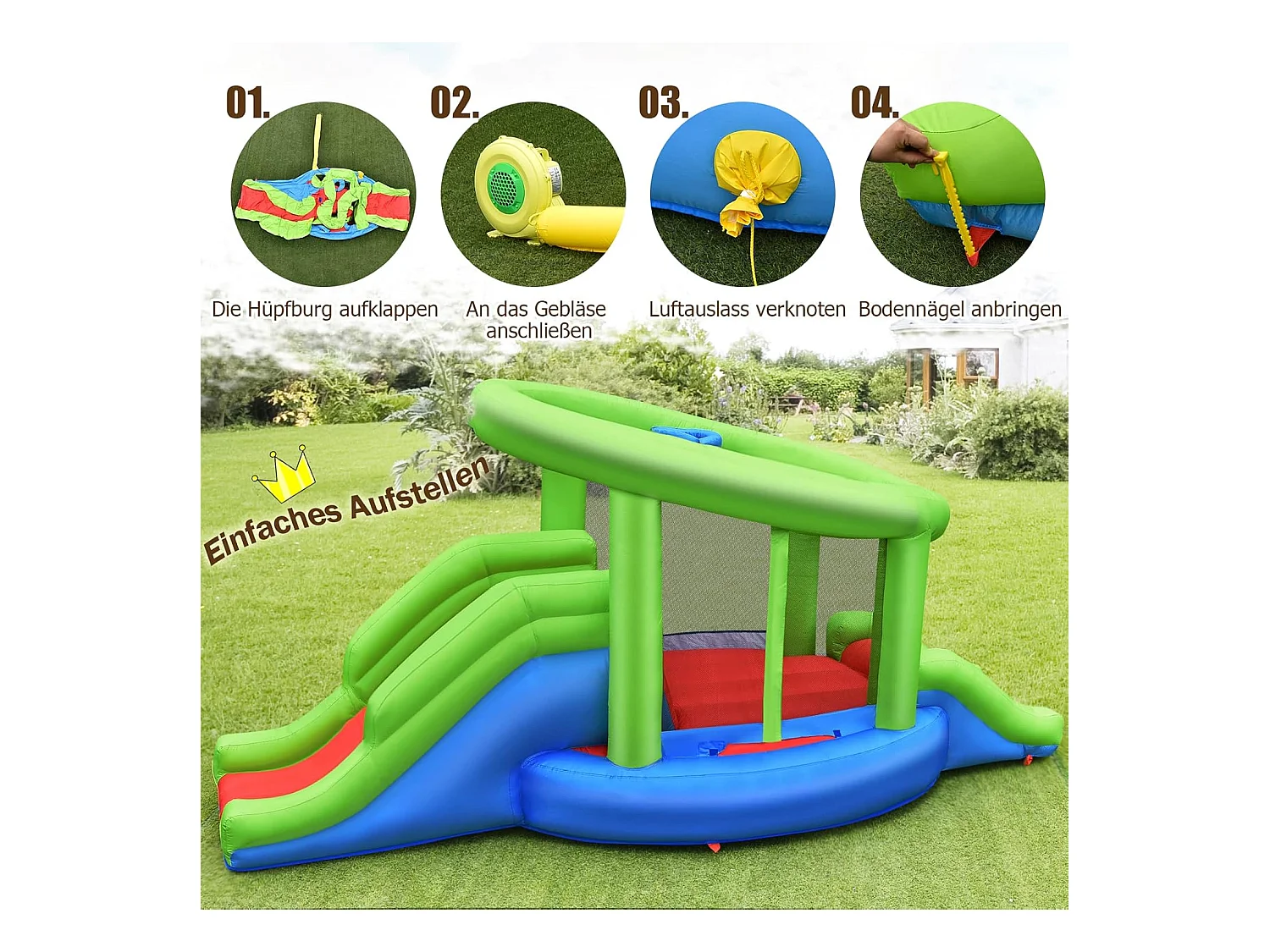 Springburg Bouncer Springburgkasteel met 2 glijbanen en basketbalkorf, springkasteel 410 x 190 x 197 cm (zonder blazer)