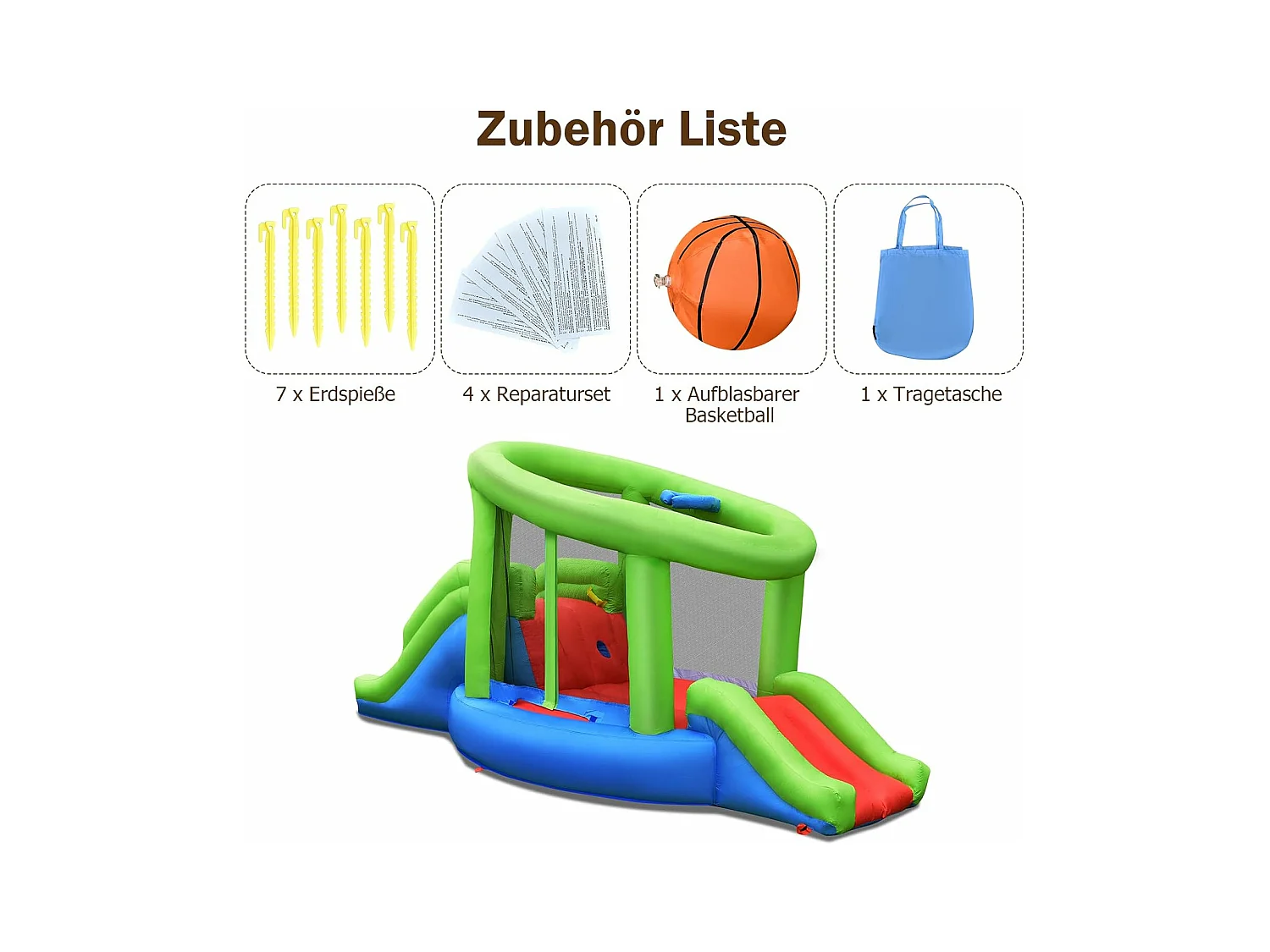 Springburg Bouncer Springburgkasteel met 2 glijbanen en basketbalkorf, springkasteel 410 x 190 x 197 cm (zonder blazer)