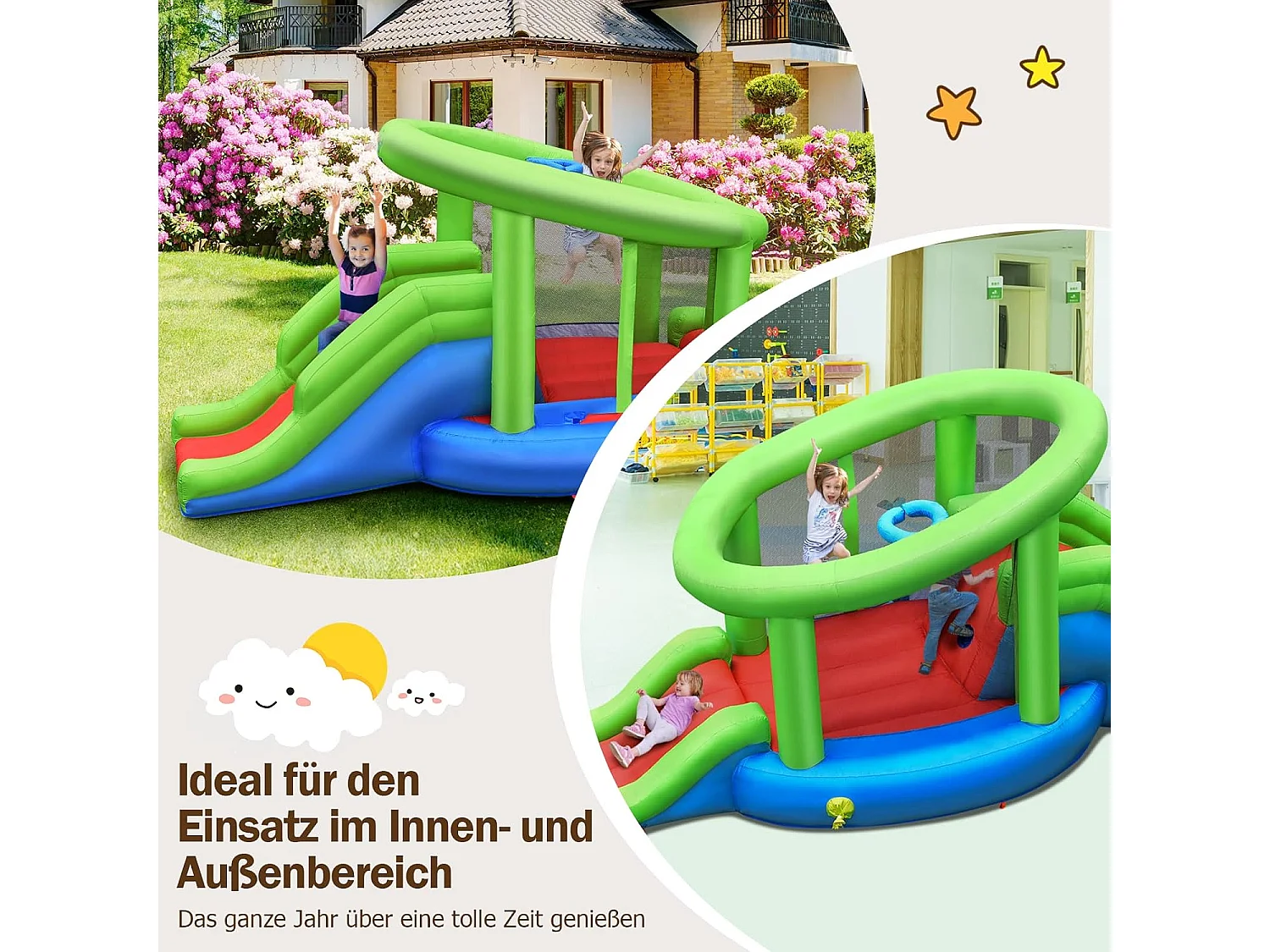 Springburg Bouncer Springburgkasteel met 2 glijbanen en basketbalkorf, springkasteel 410 x 190 x 197 cm (zonder blazer)