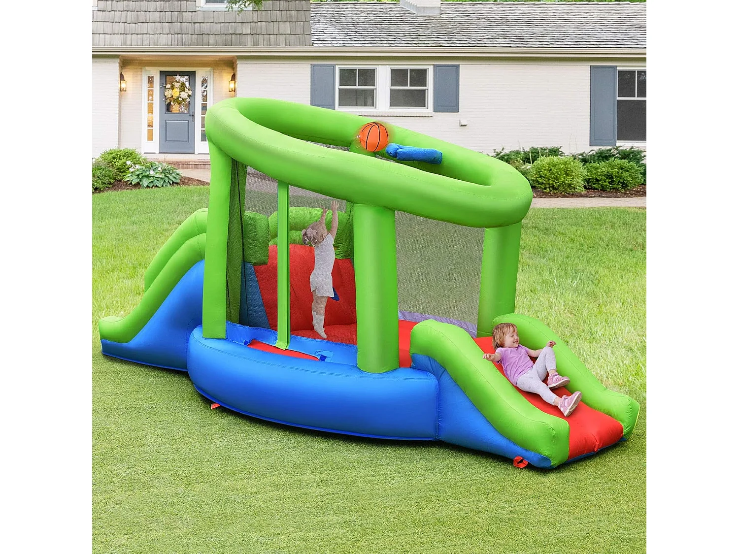 Springburg Bouncer Springburgkasteel met 2 glijbanen en basketbalkorf, springkasteel 410 x 190 x 197 cm (zonder blazer)