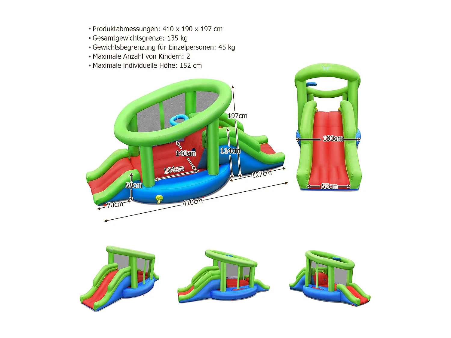 Springburg Bouncer Springburgkasteel met 2 glijbanen en basketbalkorf, springkasteel 410 x 190 x 197 cm (zonder blazer)