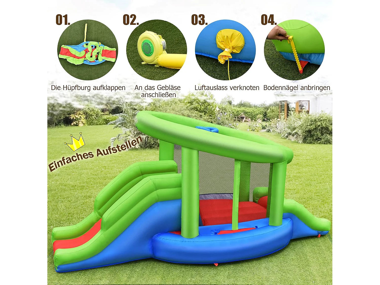 Springburg Bouncer Springburgkasteel met 2 glijbanen en basketbalkorf, springkasteel 410 x 190 x 197 cm (zonder blazer)