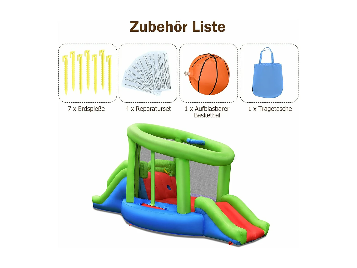 Springburg Bouncer Springburgkasteel met 2 glijbanen en basketbalkorf, springkasteel 410 x 190 x 197 cm (zonder blazer)