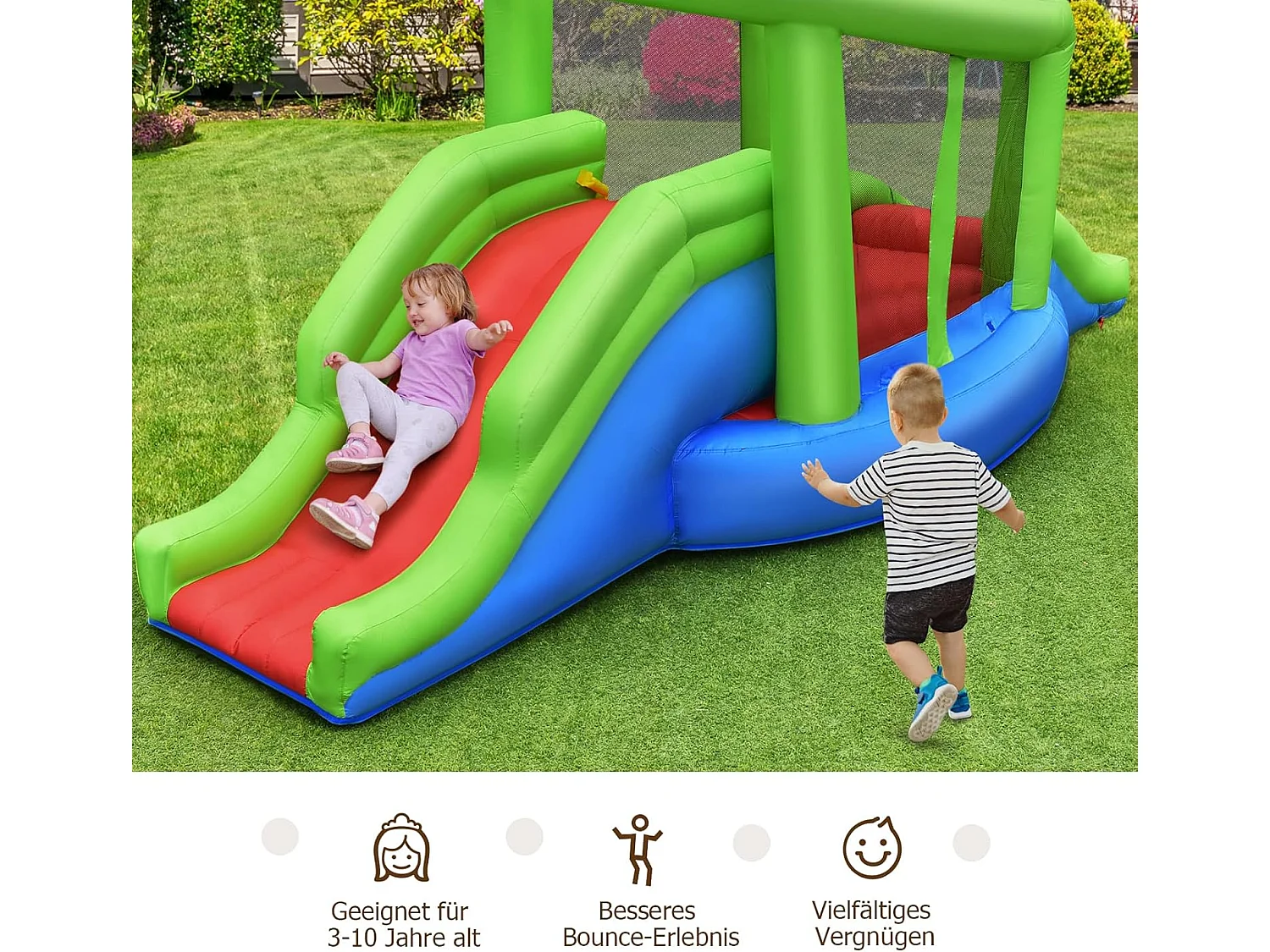 Springburg Bouncer Springburgkasteel met 2 glijbanen en basketbalkorf, springkasteel 410 x 190 x 197 cm (zonder blazer)