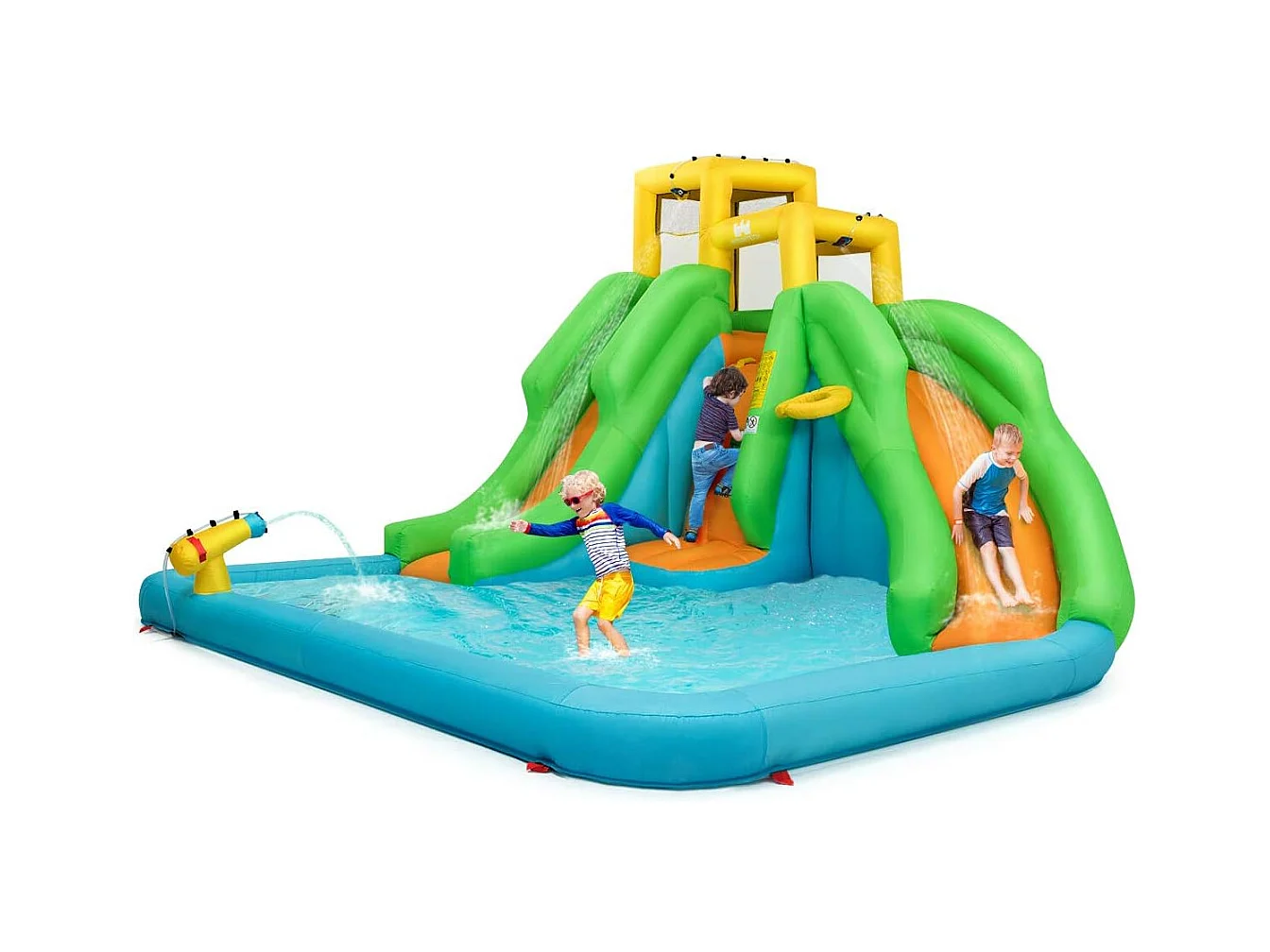 Springkasteel, waterpark met twee glijbanen, klimwand, basketbalmand, kinderbadje en waterkanon, haringen, 400 x 361 x 255 cm