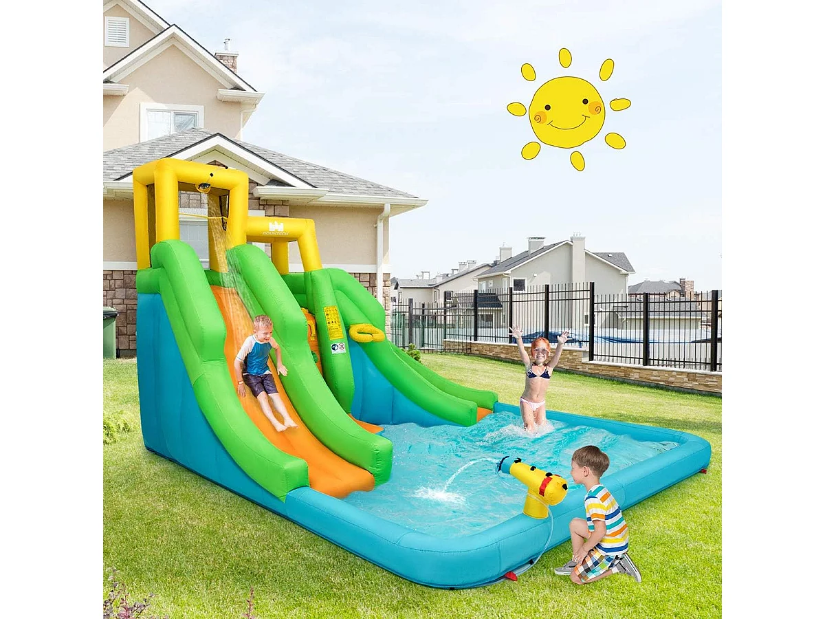 Springkasteel, waterpark met twee glijbanen, klimwand, basketbalmand, kinderbadje en waterkanon, haringen, 400 x 361 x 255 cm