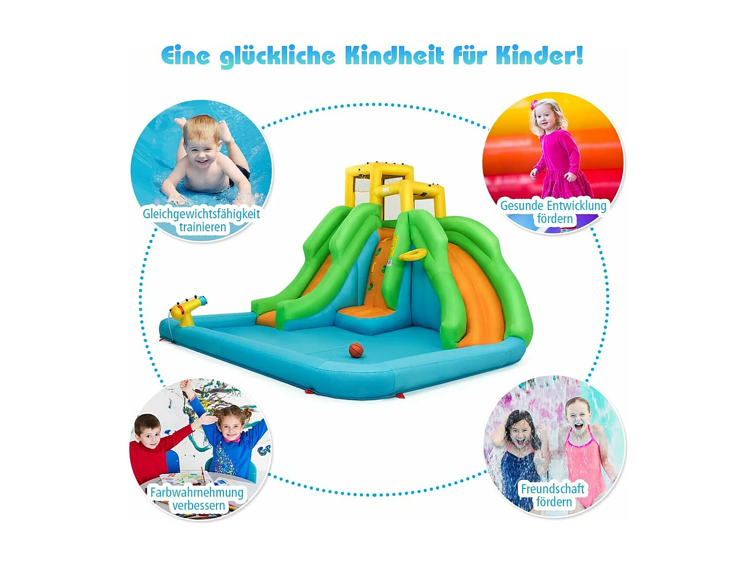 Springkasteel, waterpark met twee glijbanen, klimwand, basketbalmand, kinderbadje en waterkanon, haringen, 400 x 361 x 255 cm