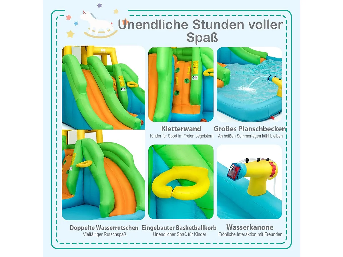 Springkasteel, waterpark met twee glijbanen, klimwand, basketbalmand, kinderbadje en waterkanon, haringen, 400 x 361 x 255 cm