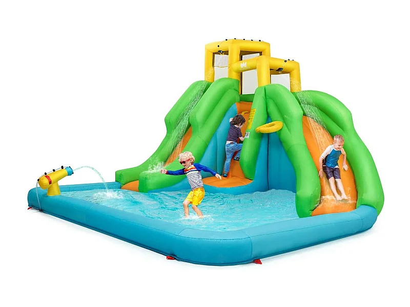 Springkasteel, waterpark met twee glijbanen, klimwand, basketbalmand, kinderbadje en waterkanon, haringen, 400 x 361 x 255 cm