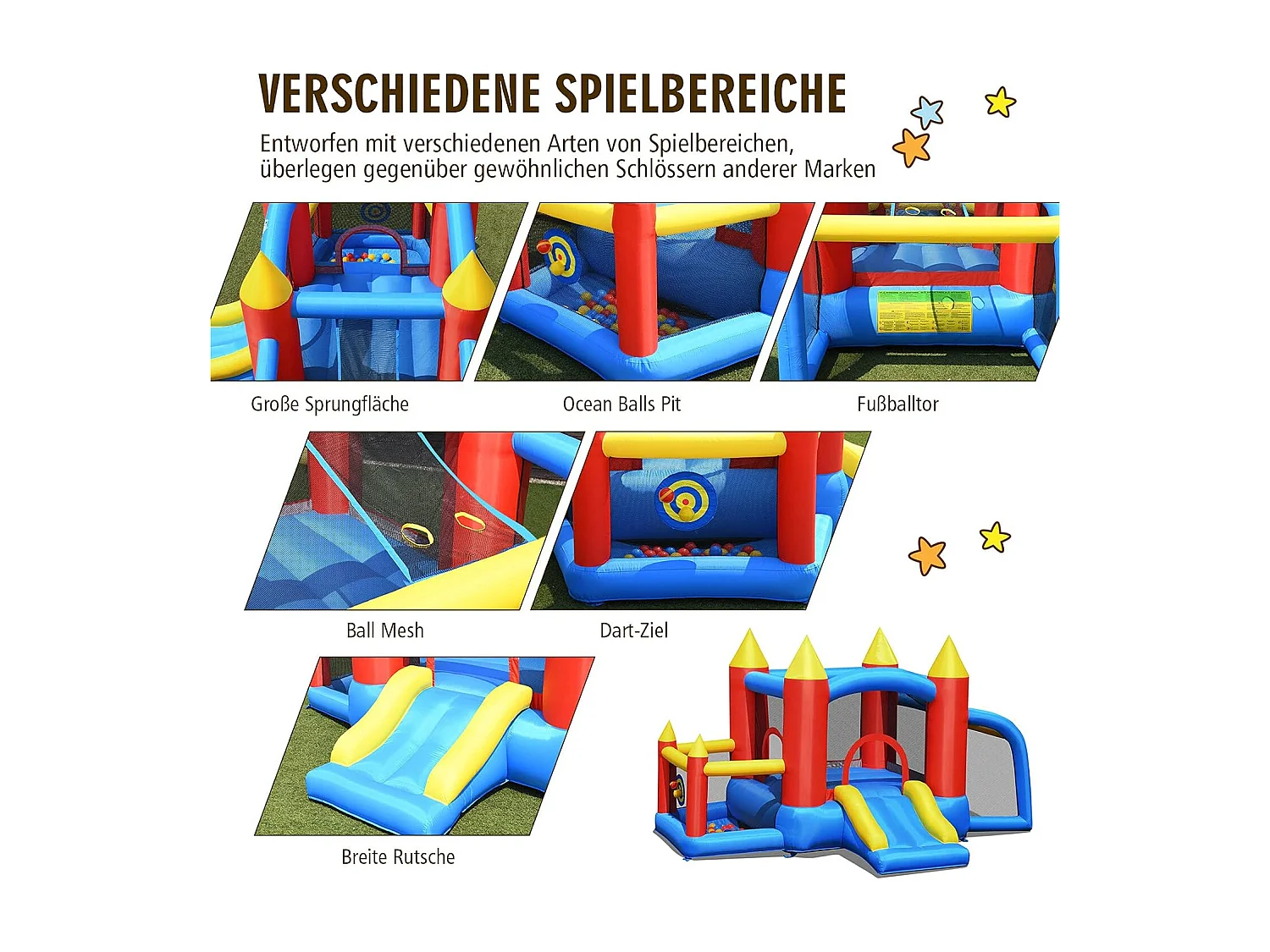 Springkasteel + 450 W blazer, springslot, outdoor bouncer met glijbaan, 60 oceaanballen, voetbaldoel, 2 dartpijlen, draagtas, palen AB92863