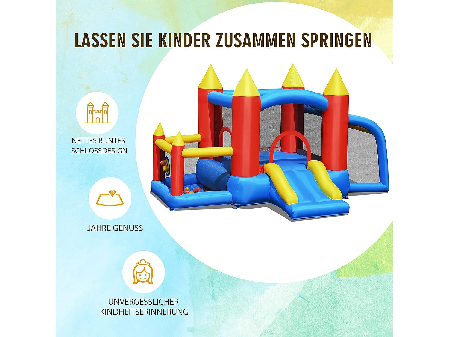 Springkasteel + 450 W blazer, springslot, outdoor bouncer met glijbaan, 60 oceaanballen, voetbaldoel, 2 dartpijlen, draagtas, palen AB92863