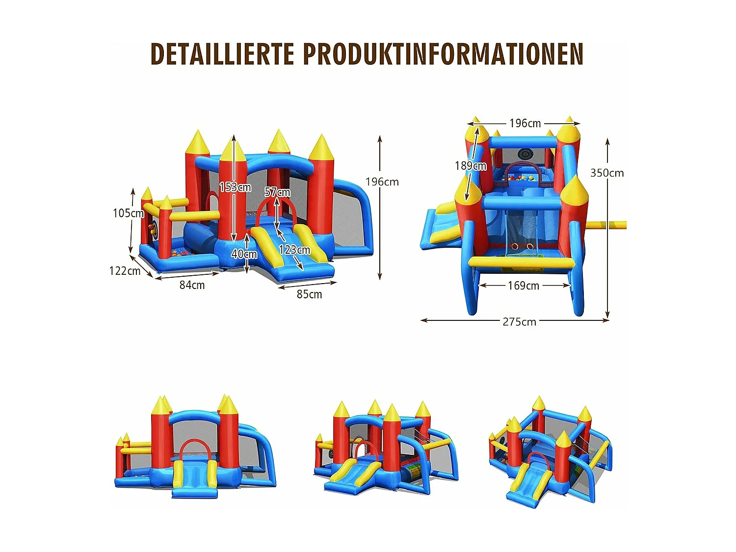 Springkasteel + 450 W blazer, springslot, outdoor bouncer met glijbaan, 60 oceaanballen, voetbaldoel, 2 dartpijlen, draagtas, palen AB92863