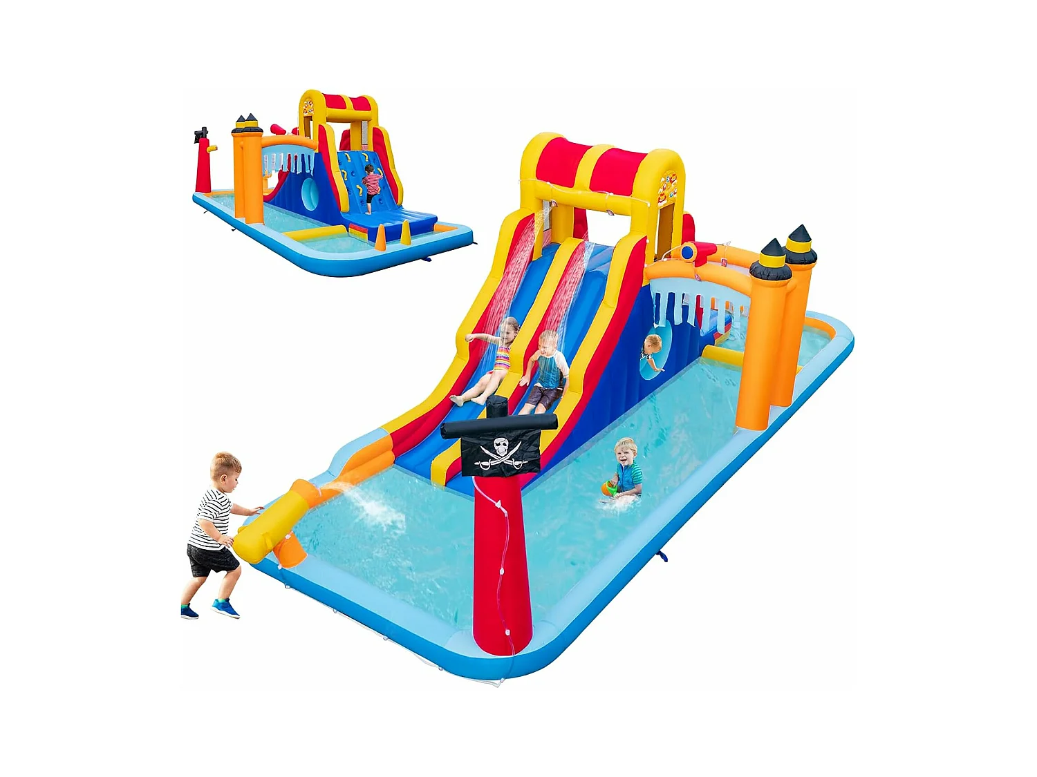 Springkasteel met twee glijbanen, klimwand, kruipholte, waterkanon & kinderbadje, bouncy Castle, waterpark voor kinderen, 693 x 295 x 263 cm