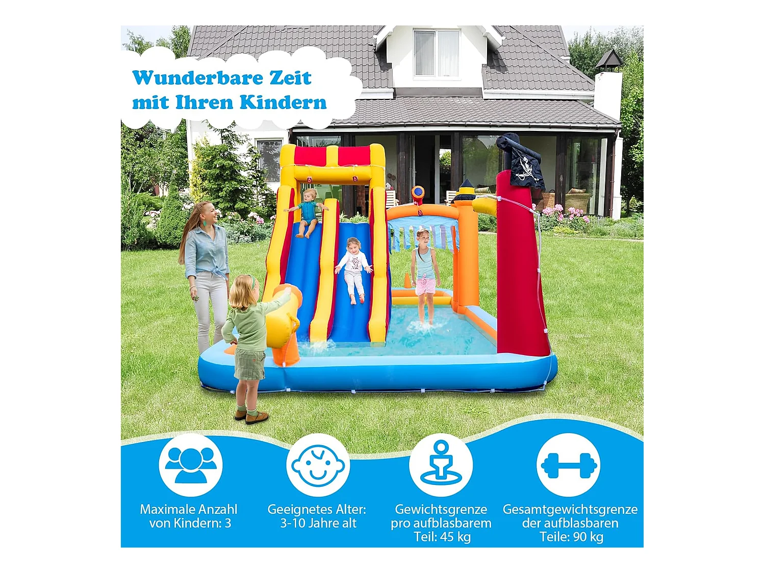 Springkasteel met twee glijbanen, klimwand, kruipholte, waterkanon & kinderbadje, bouncy Castle, waterpark voor kinderen, 693 x 295 x 263 cm