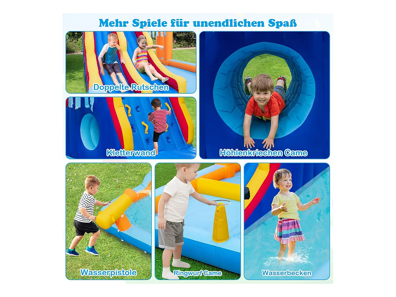 Springkasteel met twee glijbanen, klimwand, kruipholte, waterkanon & kinderbadje, bouncy Castle, waterpark voor kinderen, 693 x 295 x 263 cm