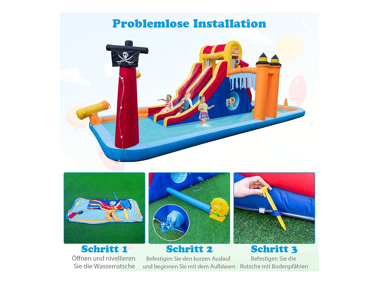 Springkasteel met twee glijbanen, klimwand, kruipholte, waterkanon & kinderbadje, bouncy Castle, waterpark voor kinderen, 693 x 295 x 263 cm