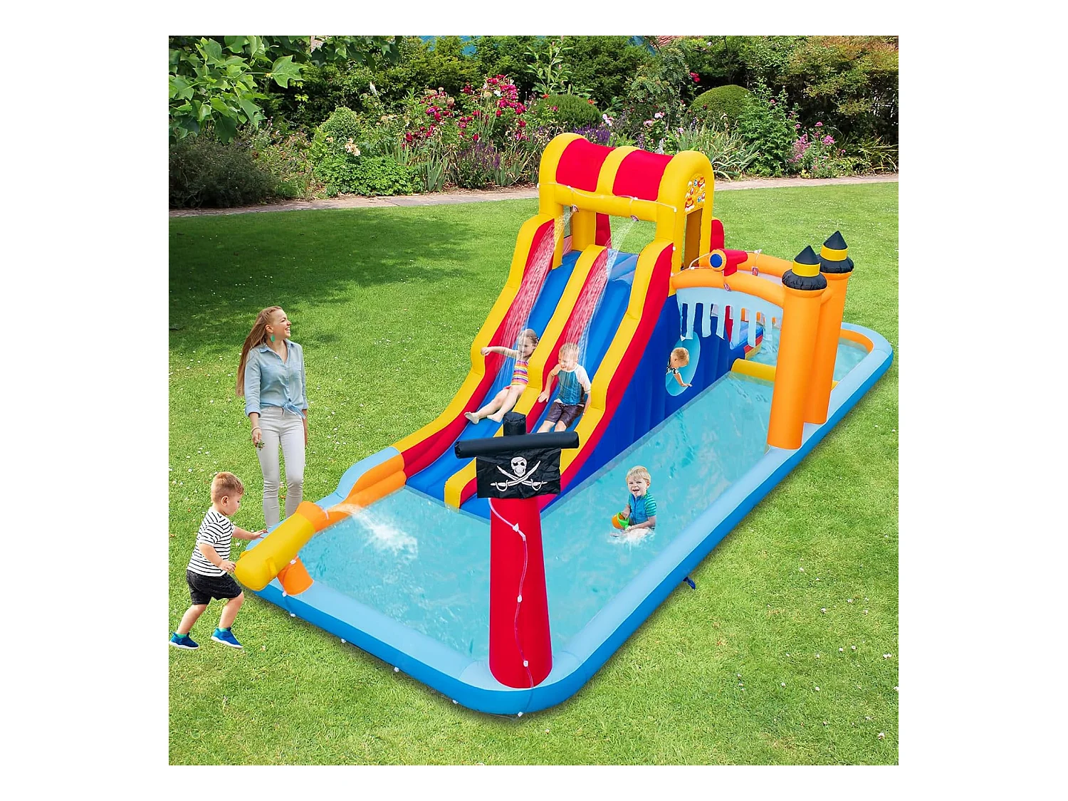 Springkasteel met twee glijbanen, klimwand, kruipholte, waterkanon & kinderbadje, bouncy Castle, waterpark voor kinderen, 693 x 295 x 263 cm