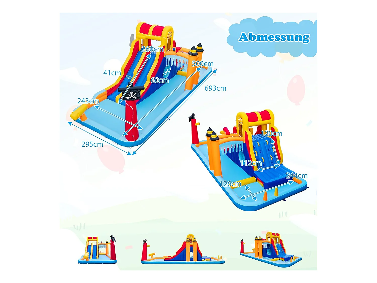 Springkasteel met twee glijbanen, klimwand, kruipholte, waterkanon & kinderbadje, bouncy Castle, waterpark voor kinderen, 693 x 295 x 263 cm