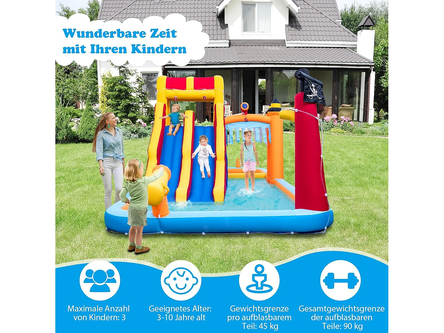 Springkasteel met twee glijbanen, klimwand, kruipholte, waterkanon & kinderbadje, bouncy Castle, waterpark voor kinderen, 693 x 295 x 263 cm