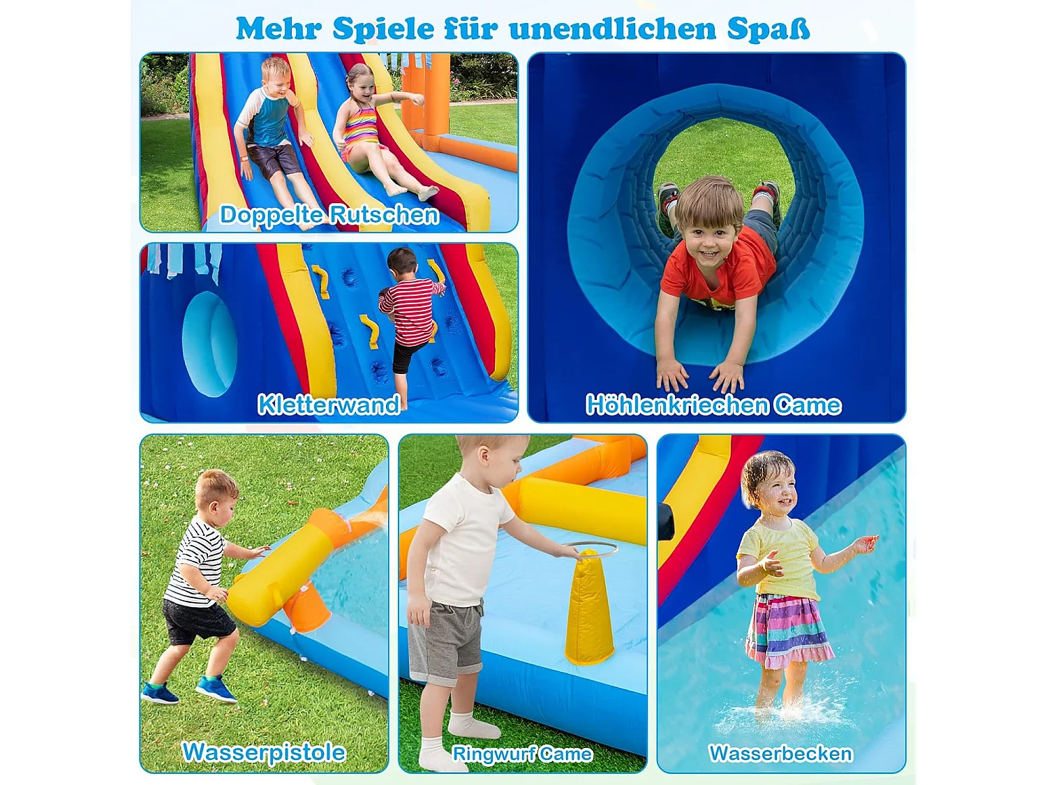 Springkasteel met twee glijbanen, klimwand, kruipholte, waterkanon & kinderbadje, bouncy Castle, waterpark voor kinderen, 693 x 295 x 263 cm