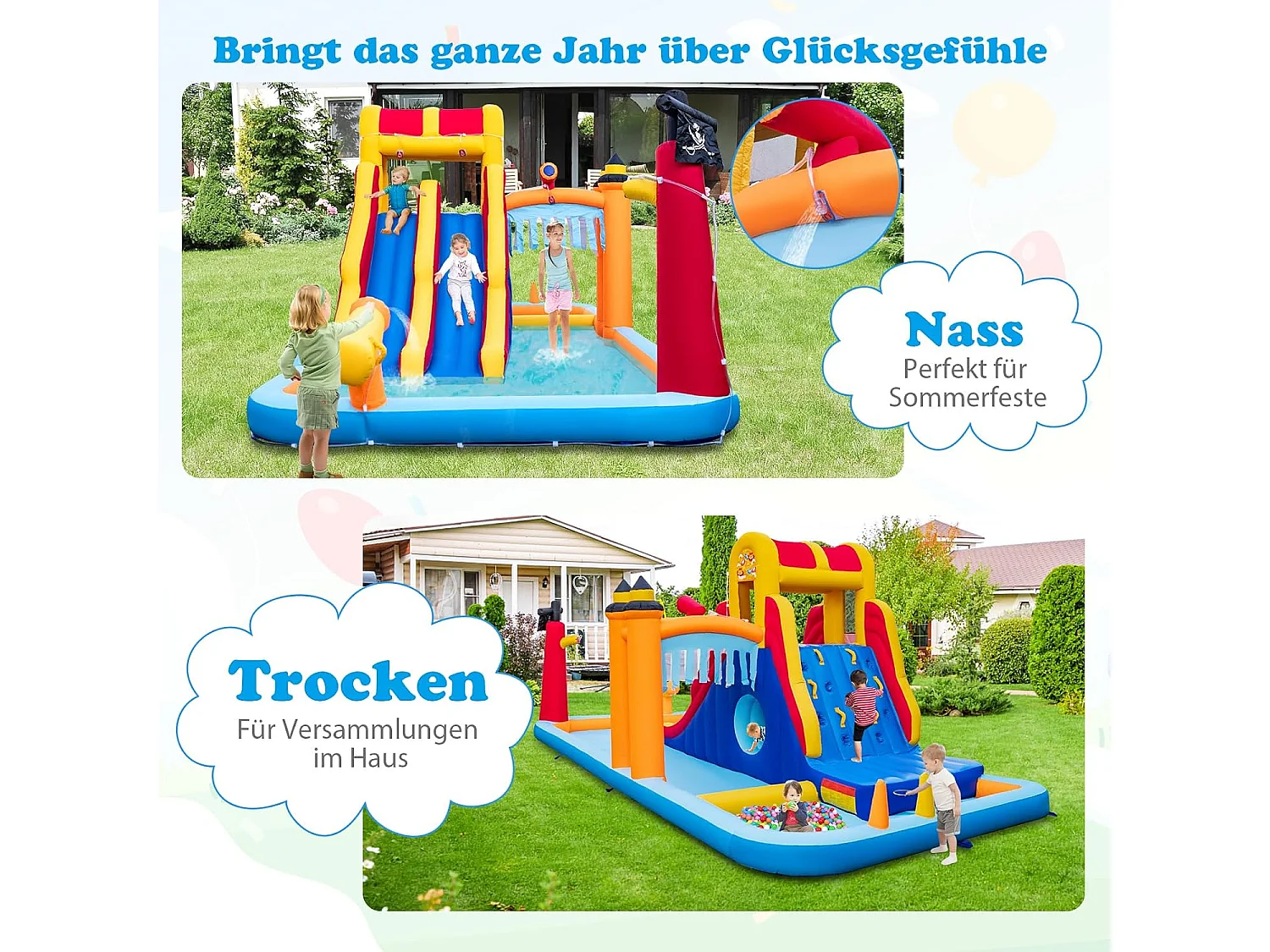 Springkasteel met twee glijbanen, klimwand, kruipholte, waterkanon & kinderbadje, bouncy Castle, waterpark voor kinderen, 693 x 295 x 263 cm