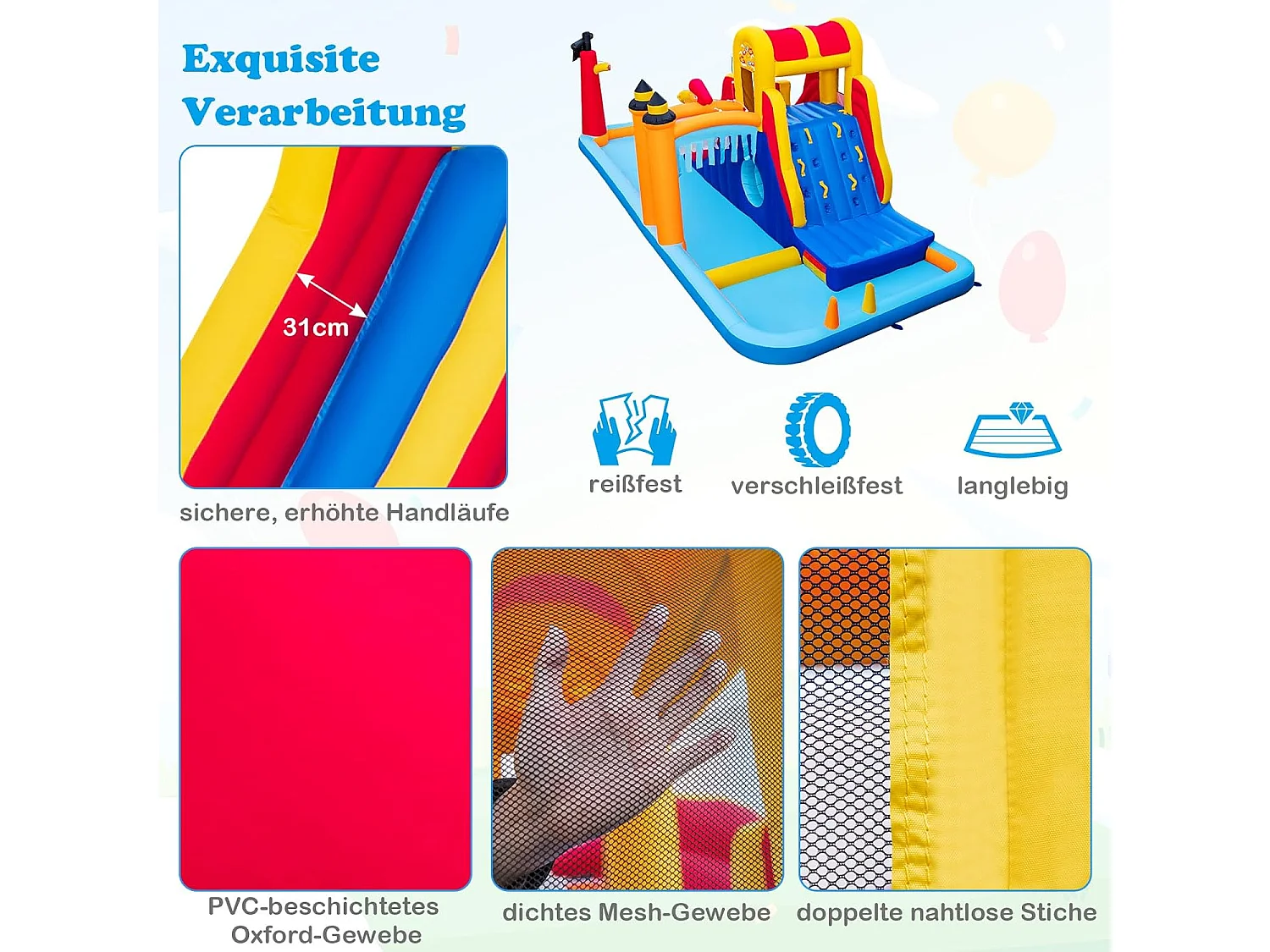 Springkasteel met twee glijbanen, klimwand, kruipholte, waterkanon & kinderbadje, bouncy Castle, waterpark voor kinderen, 693 x 295 x 263 cm