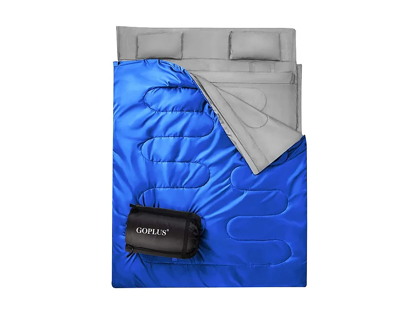 Dubbele slaapzak 2 persoons,220x150cm, waterdichte lichtgewicht slaapzak met 2 kussens en draagtas voor kamperen,wandelen en reizen (Blauw)AB5872