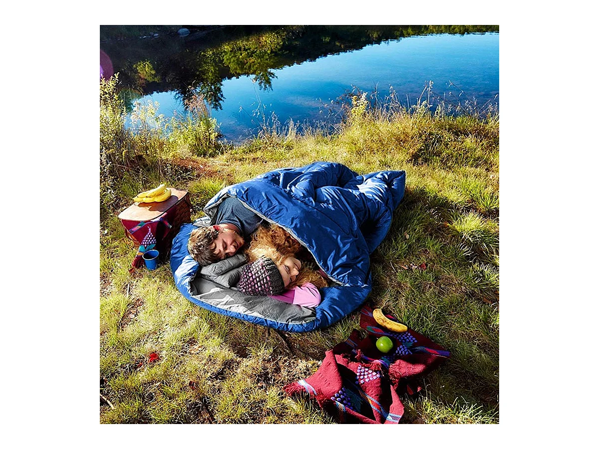 Dubbele slaapzak 2 persoons,220x150cm, waterdichte lichtgewicht slaapzak met 2 kussens en draagtas voor kamperen,wandelen en reizen (Blauw)AB5872