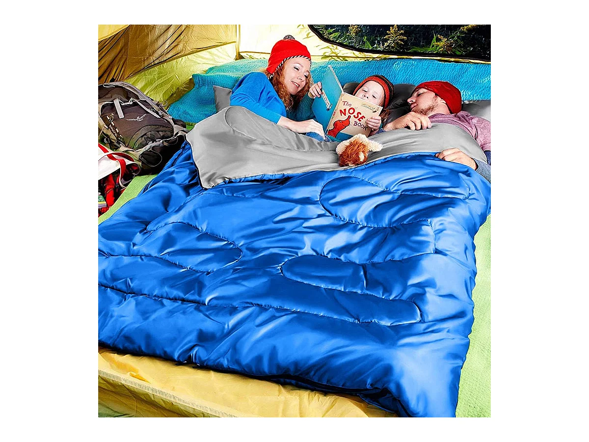 Dubbele slaapzak 2 persoons,220x150cm, waterdichte lichtgewicht slaapzak met 2 kussens en draagtas voor kamperen,wandelen en reizen (Blauw)AB5872