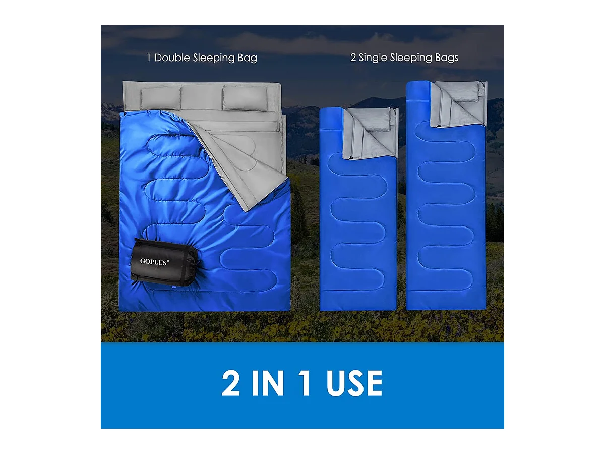 Dubbele slaapzak 2 persoons,220x150cm, waterdichte lichtgewicht slaapzak met 2 kussens en draagtas voor kamperen,wandelen en reizen (Blauw)AB5872