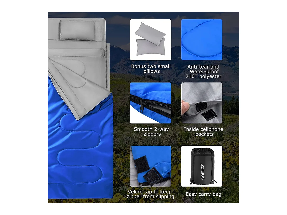 Dubbele slaapzak 2 persoons,220x150cm, waterdichte lichtgewicht slaapzak met 2 kussens en draagtas voor kamperen,wandelen en reizen (Blauw)AB5872