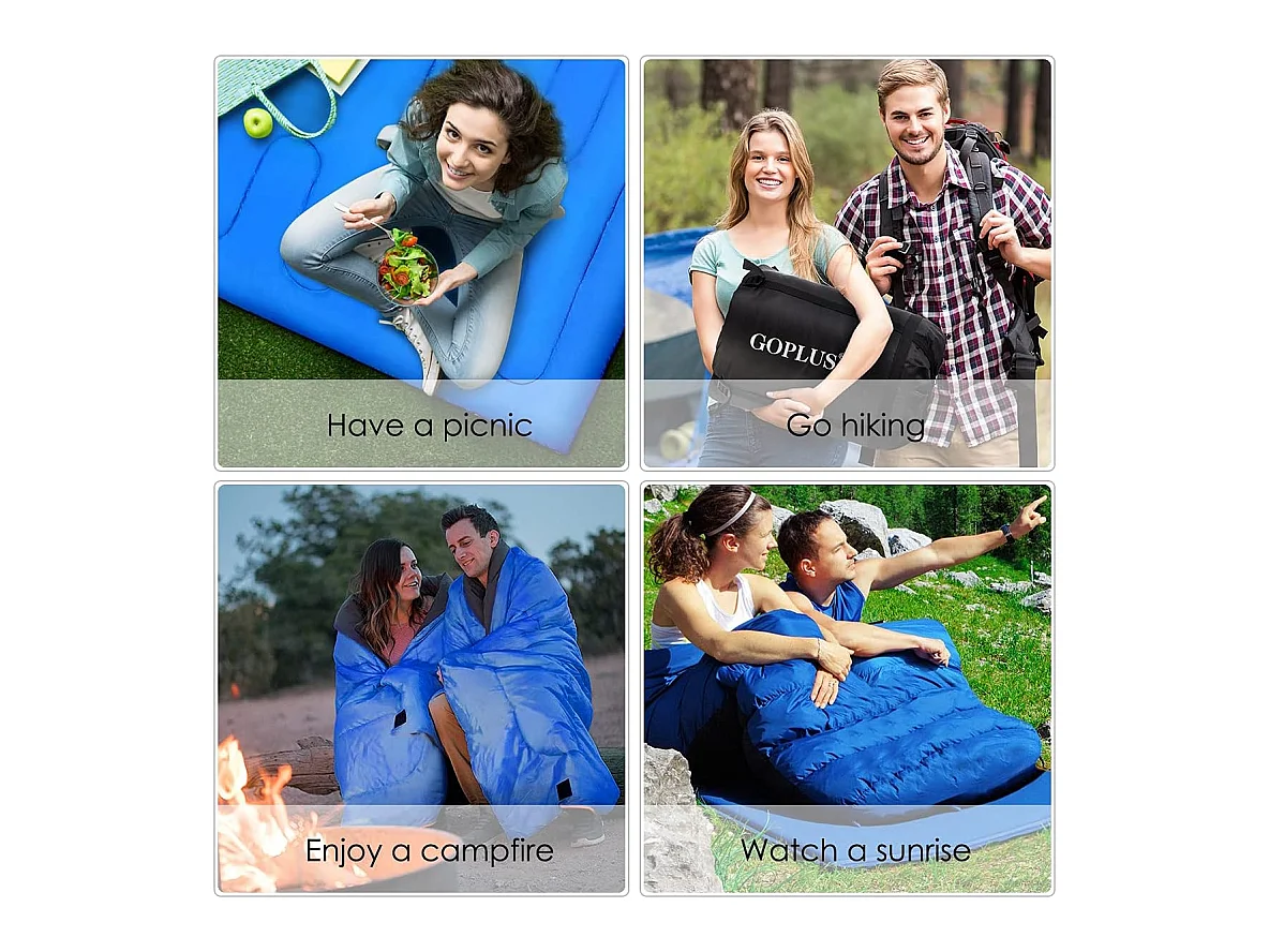 Dubbele slaapzak 2 persoons,220x150cm, waterdichte lichtgewicht slaapzak met 2 kussens en draagtas voor kamperen,wandelen en reizen (Blauw)AB5872