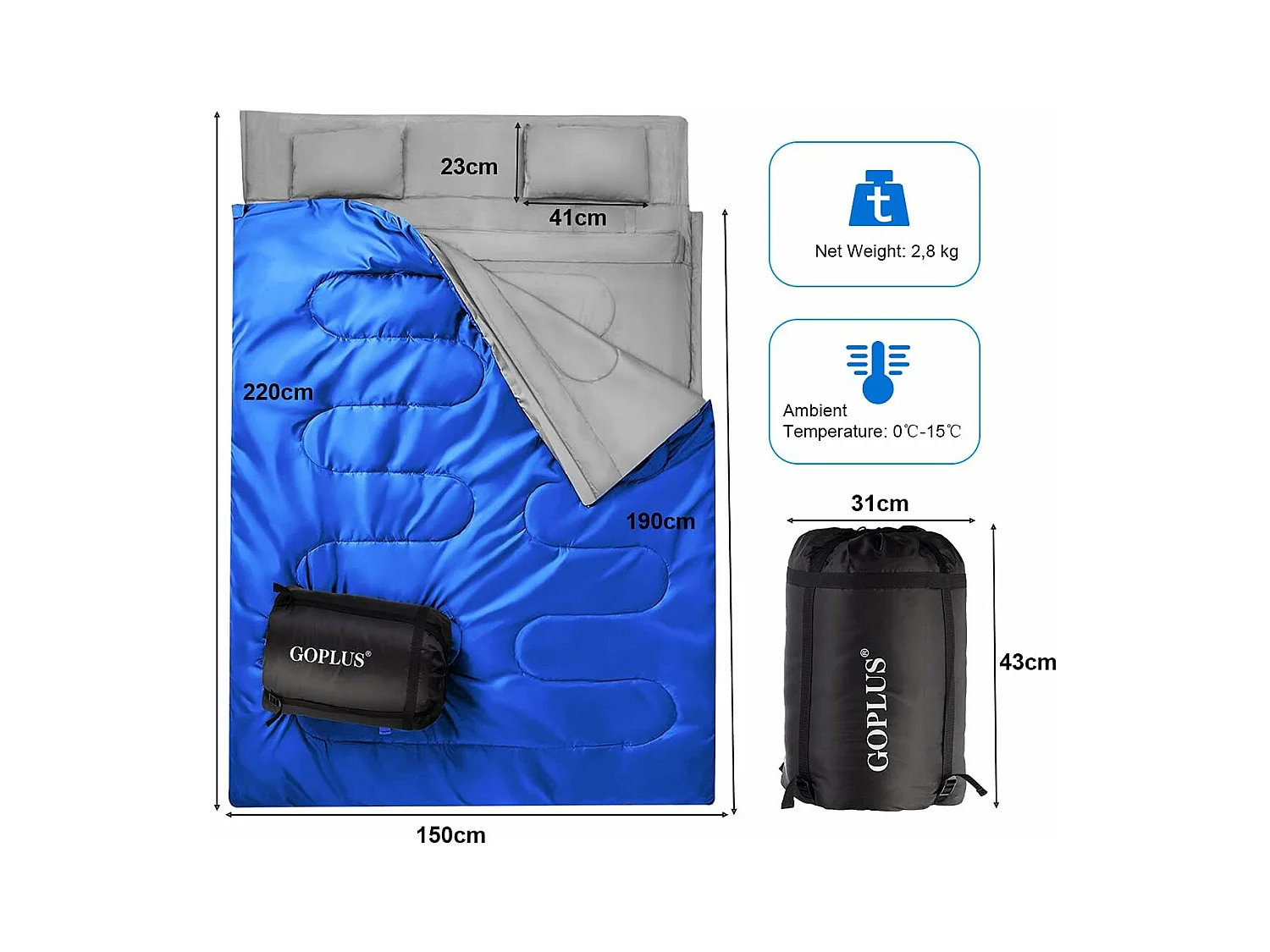 Dubbele slaapzak 2 persoons,220x150cm, waterdichte lichtgewicht slaapzak met 2 kussens en draagtas voor kamperen,wandelen en reizen (Blauw)AB5872