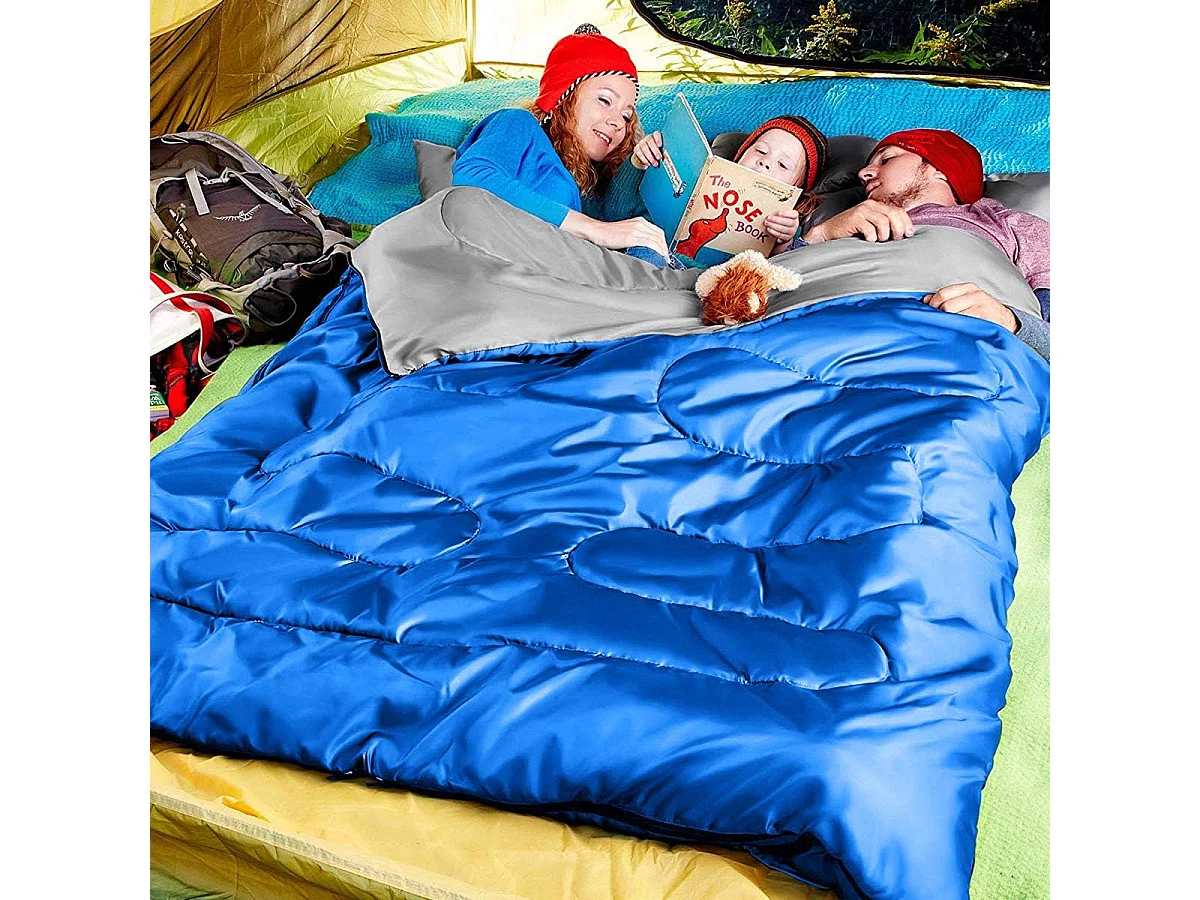 Dubbele slaapzak 2 persoons,220x150cm, waterdichte lichtgewicht slaapzak met 2 kussens en draagtas voor kamperen,wandelen en reizen (Blauw)AB5872