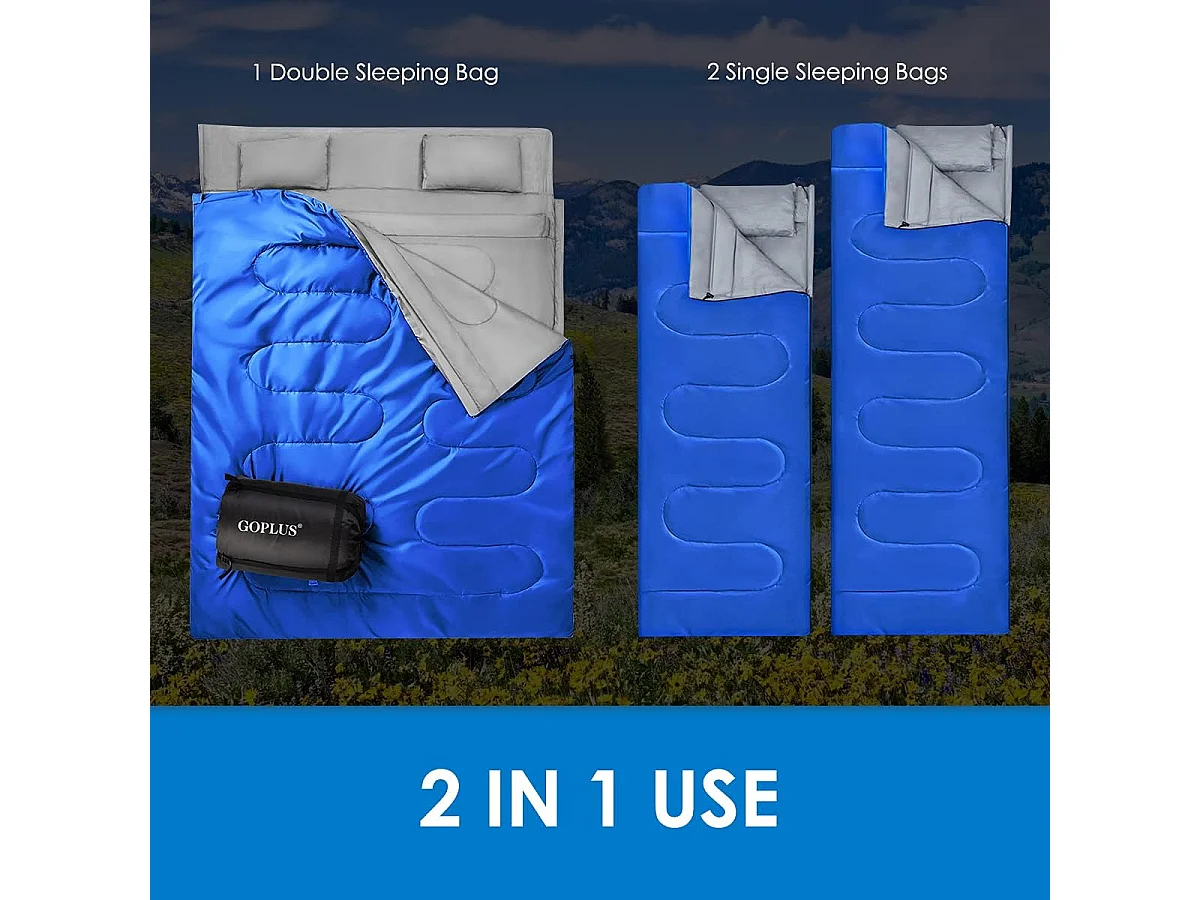 Dubbele slaapzak 2 persoons,220x150cm, waterdichte lichtgewicht slaapzak met 2 kussens en draagtas voor kamperen,wandelen en reizen (Blauw)AB5872