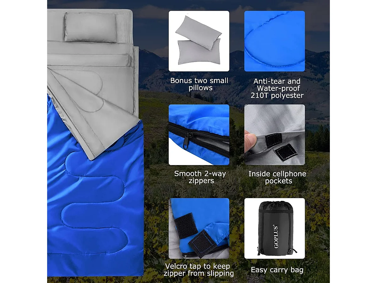 Dubbele slaapzak 2 persoons,220x150cm, waterdichte lichtgewicht slaapzak met 2 kussens en draagtas voor kamperen,wandelen en reizen (Blauw)AB5872